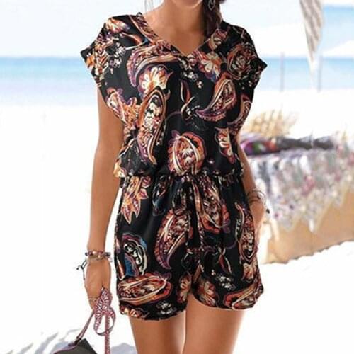 2021 NEW Womens Summer Print Jumpsuit Casual Slim Short Sleeve V-Neck Beach Rompers Sleeveless Bodycon Sexy Playsuit