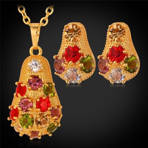 Jewelry Set Pendant Necklace Earrings For Women Gold Color Trendy Multicolor Austrian Crystal Jewelry Sets PE1197