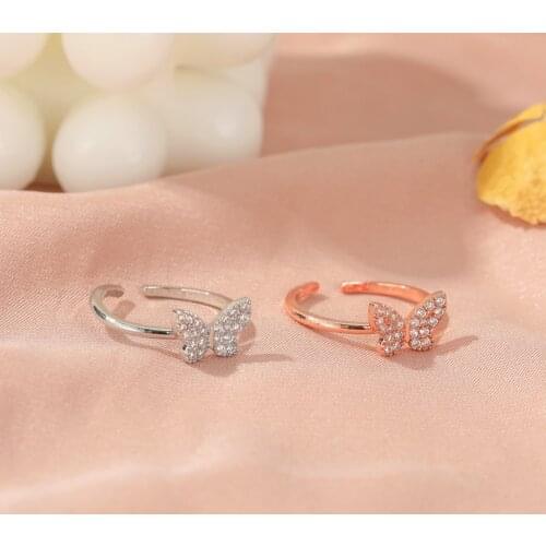 Korean Crystal Butterfly Ring Simple Resizable Butterfly Zircon Rings For Women Jewelry Rose Gold Silver Color Ring O161