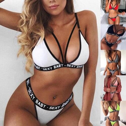 Sexy Bikini Summer Letter Printed Hollow Bandage Three-point Suit Ladies Bikini Swimsuit Beachwear Bathing Suit