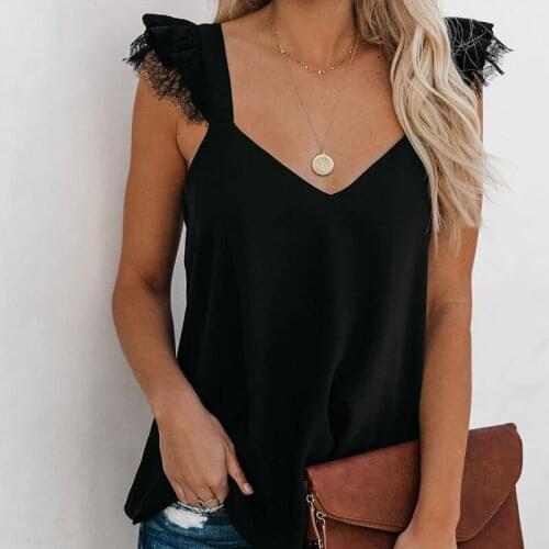 Patchwork Lace Flying Sleeves Womens T-shirt Plus Size Sexy Black V-neck Female T-shirt 2021 Summer Streetwear Ladies Top