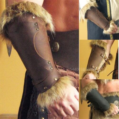 Adult Men Medieval Warrior Larp Knight Leather Bracer with Buckle Feather Armor Steampunk Archer Gauntlet Cosplay Costume Viking