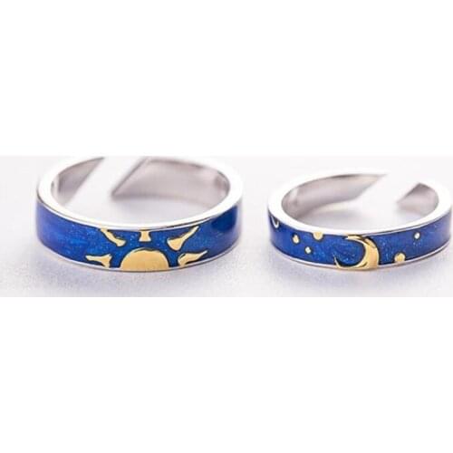 New Beautiful Thinking About The Night Couple 925 Sterling Silver Jewelry Fashion Moon And Sun Blue Van Gogh Opening Rings SR541