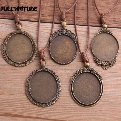 2pcs Zinc Alloy Antique Bronze 30*40mm Oval Cabochon Settings Blank Cameo Pendant Base Tray With Leather Cord For Jewelry Making
