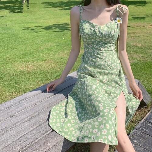 Korean Sweet Pink Daisy Strap Dress Elegant Designer Sexy Green Print Split Dress Women Holiday Beach Floral Dress Summer 2021