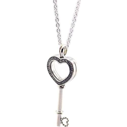 Floating Locket Heart Key Necklace & Pendant Fit Original European Charms Sterling Silver Necklace For Woman DIY Fashion Jewelry