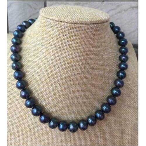 Stunning 10-11mm tahitian black green pear necklace 18inch 925 silver