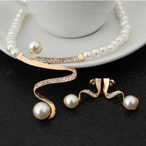Hot Sale Gold Color Simulated Pearl Jewelry Sets Deep V clavicle Imitation Pearl Necklace/Earrings Bridal Wedding Jewelry Sets