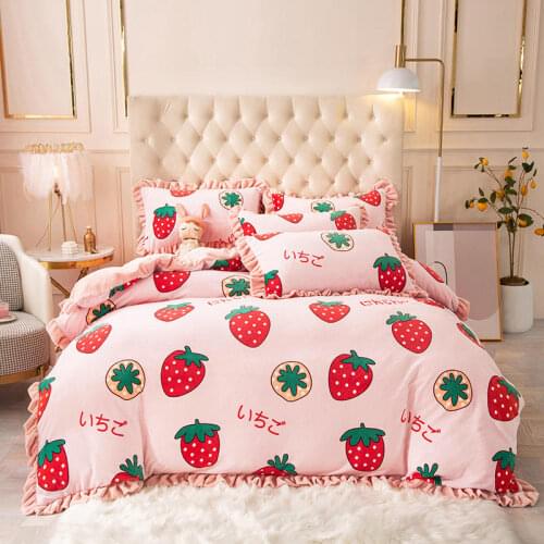 Pink Strawberry Milk Down Bedding Set Reactive Print AB Version Design Bed Set Cover/Sheet/Pillowcases Queen/King Size