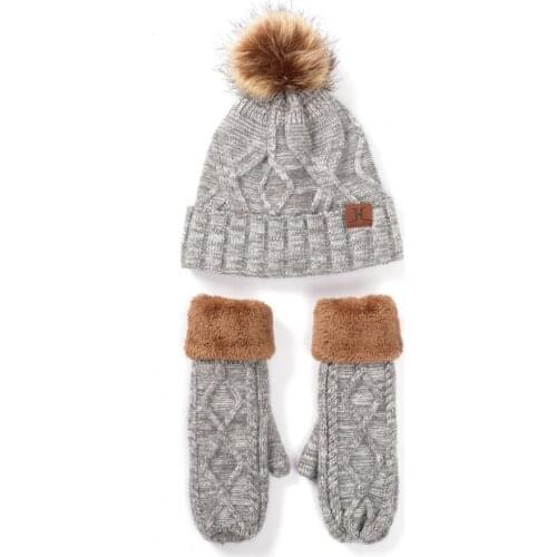 Hat 2Pcs/Set Women Winter Plush Liner Knitted Beanie Hat Stretchy Mittens Gloves