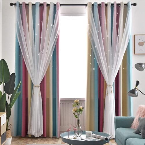 Hollow Star Curtains Blue Pink Gradient Blackout Curtains for Living Room Bedroom Kitchen Hotel Home Decor Princess Room Curtain