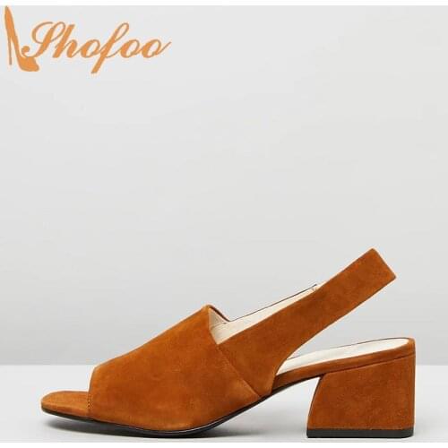 Brown Slingback High Chunky Heels Women Pumps Open Square Toe Elasticised Gusset Large Size 12 16 Ladies Summer New Shoes Shofoo