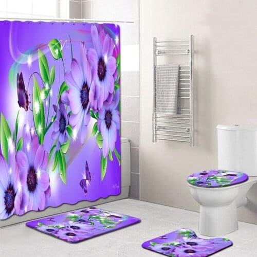 Waterproof Bathroom Shower Curtain Flower Toilet Cover Non-Slip Bath Mat Rug Carpet Set Polyester Fabric Washable Home Decor