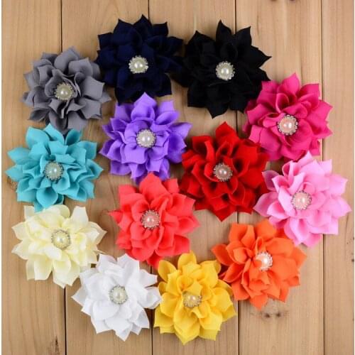 Yundfly 10PCS Lotus Flower with Pearl for Infant Hair Accessories Double Fabric Flowers For Baby Girls DIY Headbands