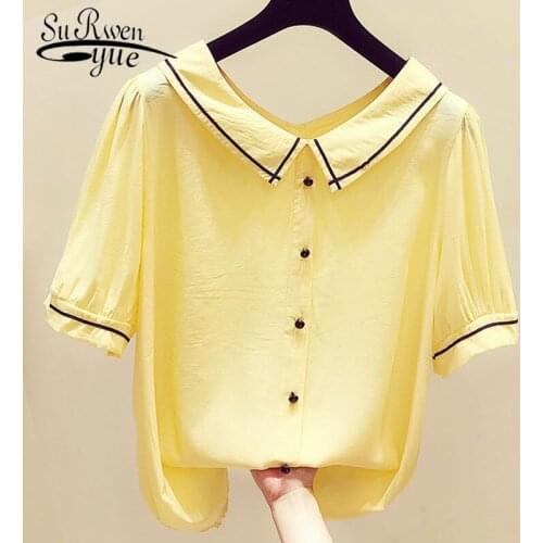 2021 Fashion Women Tops Short Sleeve Peter Pan Collar Women Summer Chiffon Blouse Sweet Style Casual Women Clothing 5152 50