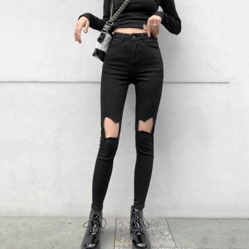 Women Trousers High Waist Cool Skinny Hole Jeans Casual Stretch Denim Nine Harem Pants Y6