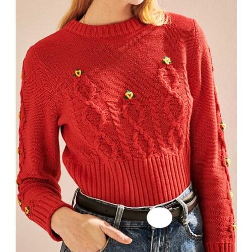 Women Sweater 2019 Autumn and Winter New Retro Embroidery Short Knit Bottoming Shirt