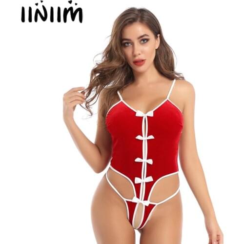 Womens Velvet Christmas Costume Clubwear Exotic Lingerie Teddies Bodycon Bowknot Lace Up Crotchless Sissy Fancy Parties Bodysuit