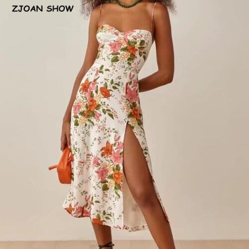 2021 Romantic White Red Flower Print Bandage Spaghetti Strap Midi Dress Retro Women Lacing Up Sling Slit Dresses Holiday Robe