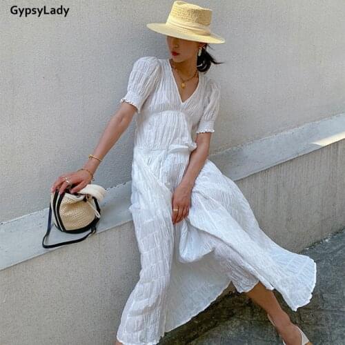GypsyLady 100% Cotton Maxi Dress Elegant Summer Holiday Beach Women Dress V-neck Short Sleeve Sexy Chic Ladies Women Dress 2021