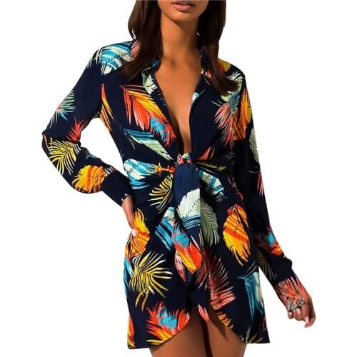 Dourbesty Women Casual Long Sleeve T Shirts Dress Leaves Printing Bandage V-neck High Waist Short Dress Fashion Beach Cover-ups