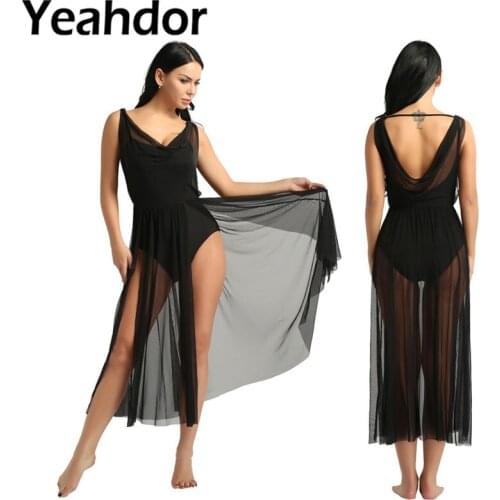 Womens Adult Mesh Split Front Built In Shelf Bra Sleeveless Ballet Dance Leotard Dress Stage Dance Costumes Lyrical Dance Dress