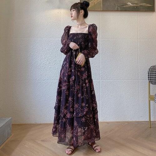 Womens Floral Dress New Retro French Chiffon Long Dress Korean Style Long Sleeve Square Collar Summer Beach Bohemian Vestidos