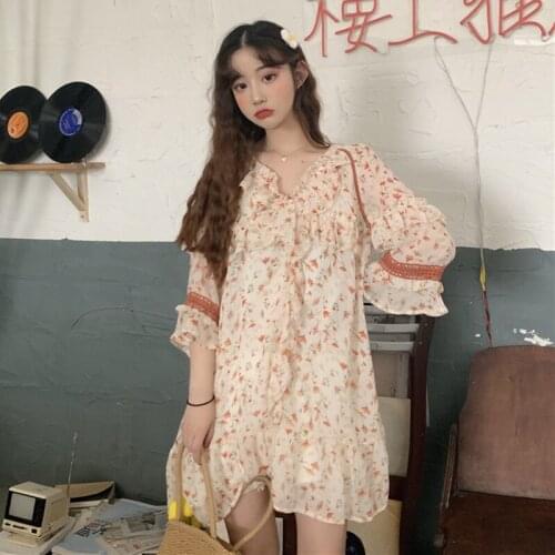 Fashion Womens Summer Korean Sweet lolita dress Floral V-neck Stitching Ruffled Chiffon Short-Sleeved Loose Slimming Dress