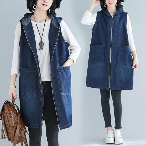 Cowboy Vest Womens Autumn 2020 New Korean Large Size Long Loose Sleeveless Vest Hooded Denim Jacket Spring Waistcoat Tops r126