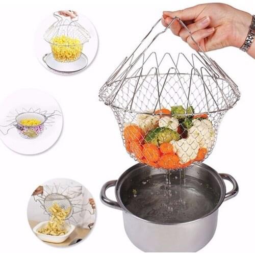 1pcs Foldable stainless steel Fry Basket Chef Basket Magic Basket Mesh Basket Strainer Net Kitchen Cooking Tool Dropshipping