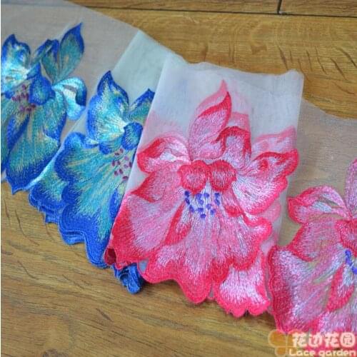 3 Meters Blue Pink Lace Fabric Decoration Embroidery Big Flower Lace Trim Wedding Dress Fabric 18cm Width