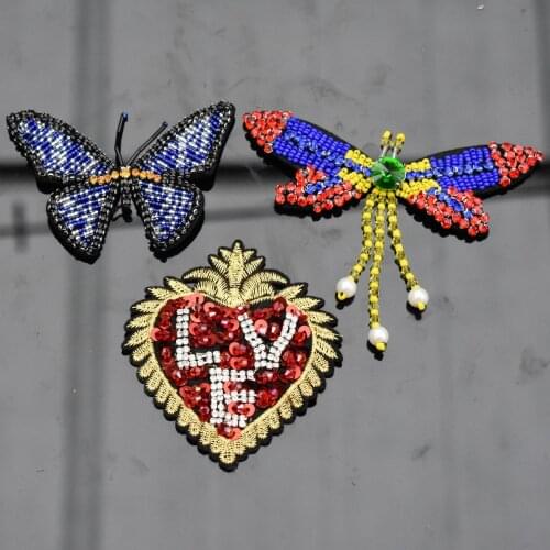 3D Handmade Rhinestone Butterfly Dragonfly Beaded Patches Sew On Sequin Patch For Clothing Beading Applique Cute Patch