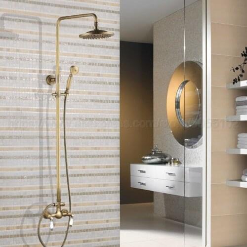 Antique Brass Shower Faucet Set 8 Inch Shower Head Hand Shower Sprayer W/ Hand Shower Wall Mounted Mixer Tap zan113