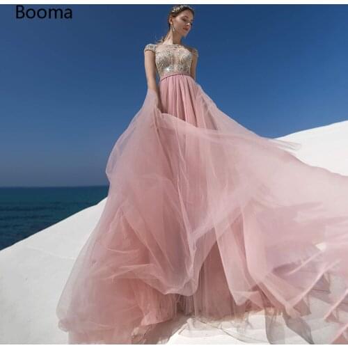 Glitter Pink Beach Wedding Dresses O-Neck Heavy Beaded Top Crystals Bride Dresses Cap Sleeves Illusion A-Line Wedding Gowns