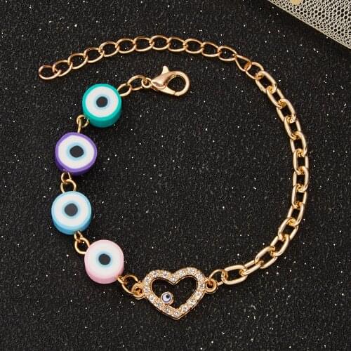 Boho Colorful Turkish Evil Eye Bracelet Polymer Clay Rhinestone Love Heart Animal Soft Clay Butterfly Flower Star Pearl Bracelet