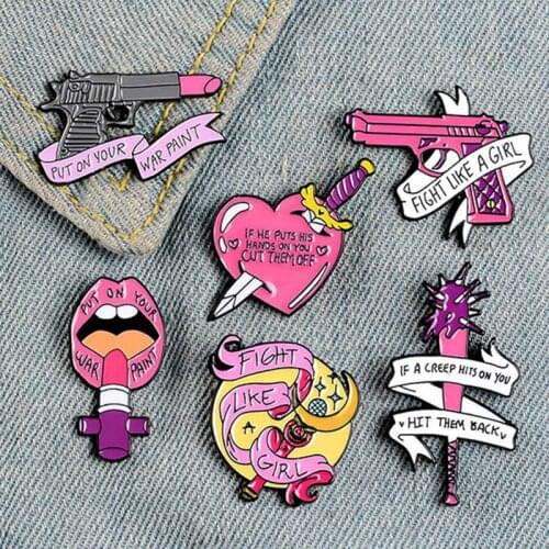 Fight Like Enamel Pins Lipstick Gun Magic Wand Brooches Lapel Pin Coat Shirt Bag Pink Badges Feminist Jewelry Gift
