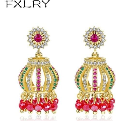 FXLRY New European and American retro ethnic style micro-inlaid zircon hollow lanterns luxury dinner female earrings