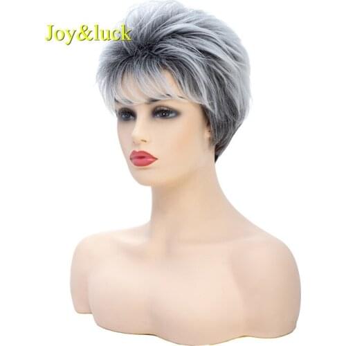 Joy&luck Short Wig Ombre Grey Color Natural Straight Wig Synthetic Wigs for Women or Men Wig