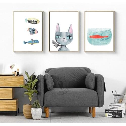 Creative Cute Cartoon Watercolor Cat Fish Print Posters Art Canvas Painting Home Decor Chic Wall Picture Living Room Cafe Shop