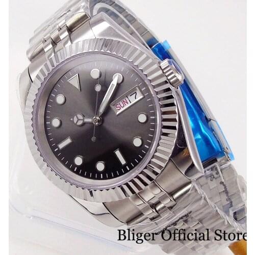 BLIGER New Grey 36mm/39mm NH36A Fluted Bezel Selfwinding Men Wristwatch Weekday Date Window Glass Back Jubilee Folding Clasp