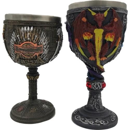 Newest Creative 3D Dragon Goblet Iron Throne Stainless Steel Linner & Resin Wine Glass Cup Halloween Friend Gifts Bar Home Decor