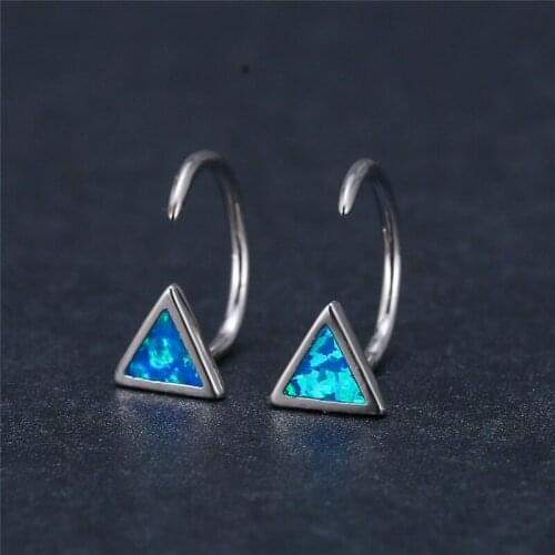 Simple Triangle Small Hoop Earrings Dainty Female White Blue Opal Stone Earrings Classic Silver Color Wedding Earrings For Women