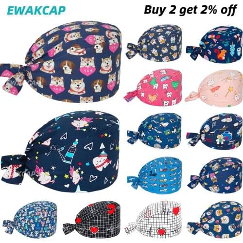 Unisex Surgeon Scrubs Cap Adjustable Working Nursing Hats Cotton Anime Print Hat Dentist Clinic Lab Scrub Caps Nurse Accessories