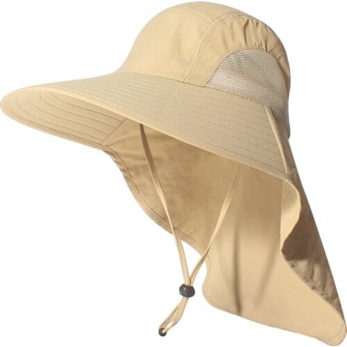 Uclio Men Wide Brim Sun Hat with Neck Flap Adjustable Chin Strap Breathable Mesh Side Accessory