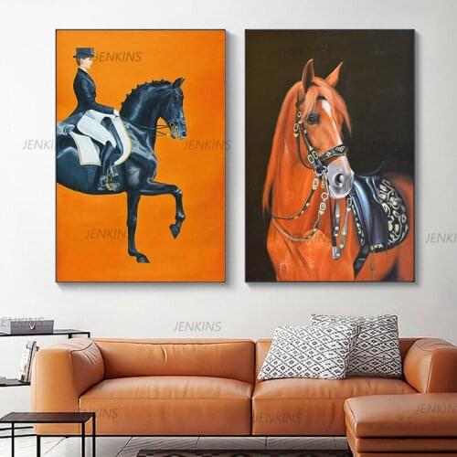 Nordic Canvas Painting Riding Horse Print Knight Modern Animal Wall Art Poster Home Decor Orange Wall Picture for Liiving Room