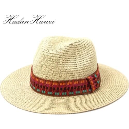 Summer Korean Women Sun Hat Beach Mens Jazz Panama Straw Visor Hat with Wide Brim Caps