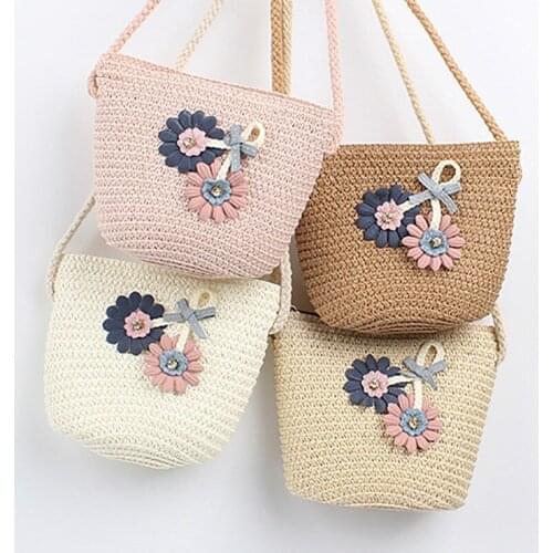 Kids Baby Flower Design Zipper Cross-body Handbag Fashion Girls Kids Straw Shoulder Messenger Bag Toddler Girls Accessories 1-8Y