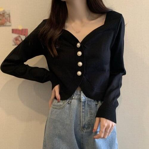 Women Square Collar Button Sweater Casual Sexy Long-Sleeved Shirts Knitted Cardigan Tops