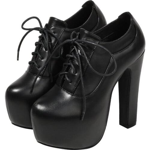 Womens PU Shoes Waterproof Fashion Platform Shallow Women Pumps Lace Up 14CM Thick High Heels Round Toe Casual shoes for women