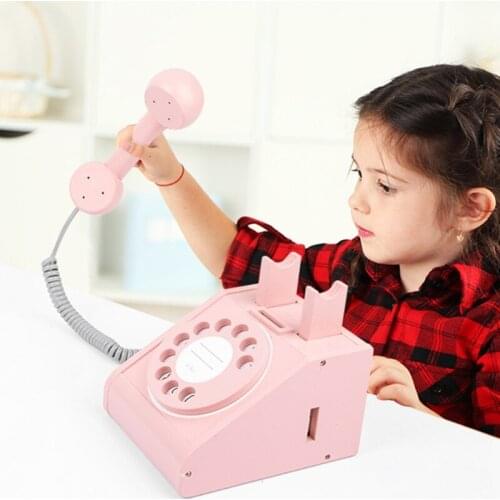 Rotary Design Retro Imitation Landline Phone, Childrens Play House Wooden Antique Dial Telephone for early Education
